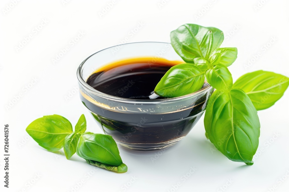 Canvas Prints balsamic glaze and basil leaves on white background inside a glass bowl