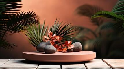 Obraz premium podium product stand or display with leaf, green background and cinematic light