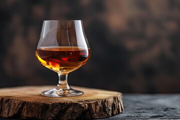 Brandy snifter on aged wooden snag Dark backdrop with space for text Focused view