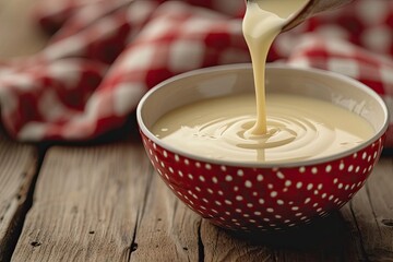 Using condensed or evaporated milk to pour into a bowl - obrazy, fototapety, plakaty