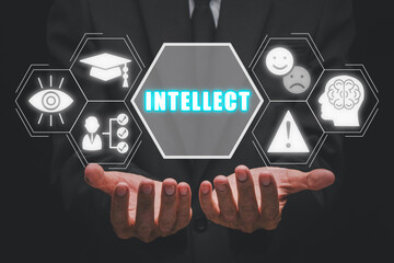 Intellect concept, Businessman hand holding intellect icon on virtual screen. Human Mind, True and False, Decision Making, Education, Objectivity, Knowledge, Ability, Intelligence.