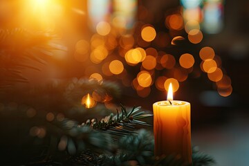 Blurry golden bokeh enhances the atmosphere during Christmas advent candle light in church evoking...