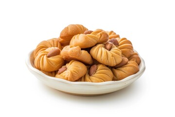 Tasty nut cookies with milk on white background