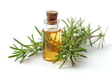 Organic rosemary with essential oil on white background