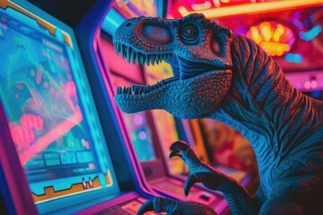 Dinosaur playing on an arcade machine, background with colorful lights, nostalgia concept, 80s.