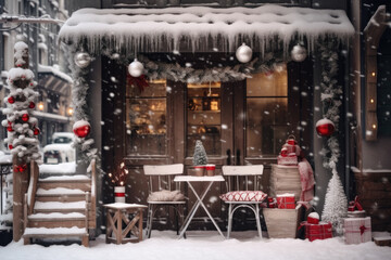 New Year's photo zone with snow near a cafe bakery. Christmas decor: toys, Christmas trees, bench, garland, glowing light bulbs. festive mood. picture for postcard