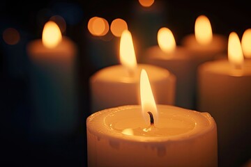 Close up of burning candles on dark background White candles melting burning at night Candlelight design