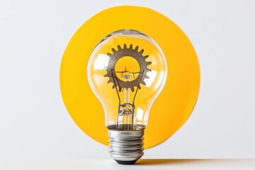 Gear inside a light bulb in a yellow circle, white background, concept of creativity, ideas and innovation.