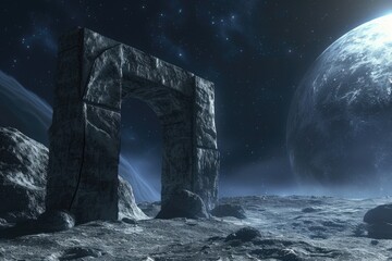 Giant stone portal on the surface of the moon, fantasy and fiction concept.