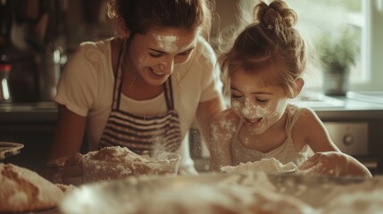 A mother and daughter baking together in the kitchen covered in flour and giggling.