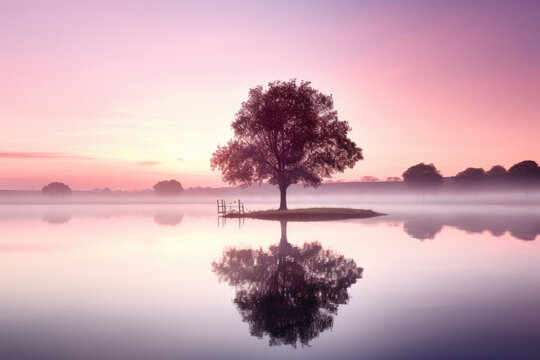 one lone tree and a lake during sunrise stock photo, in the style of light pink and pink,