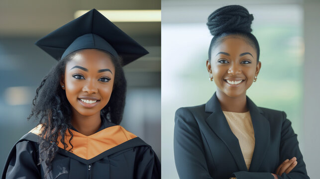 visual contrast: joyous graduation to serious business persona