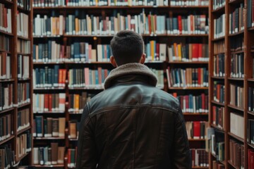 Man from behind looking at a wooden shelf with books in a library, concept of learning, study and knowledge.