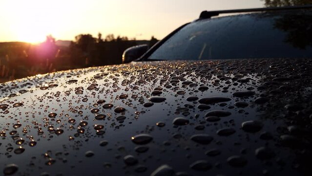 Hood of car with big water droplets after warm heavy summer rain. Sunset backlight shine in every drop. Close up slow panning video