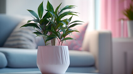  close up in a potted plant with blurry background ,  in  cozy modern living room   
