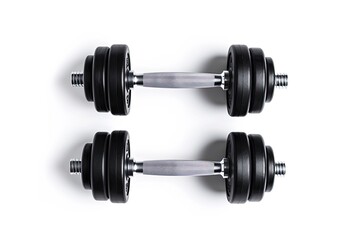 Fototapeta na wymiar Two gym dumbbells white background space for text Top view flat lay Can be a gym background
