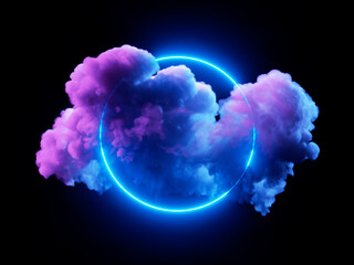 3d rendering. Neon cloud with glowing ring, isolated on black background. Round frame. Fantastic wallpaper - 726043105