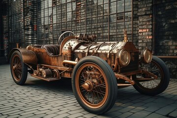 Fototapeta na wymiar Steampunk style car, background with brick wall.