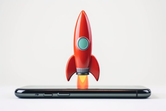 Rocket taking off on cell phone screen, business and startup concept, white background.