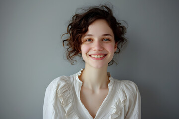 a smiling woman wearing a white shirt over a grey background