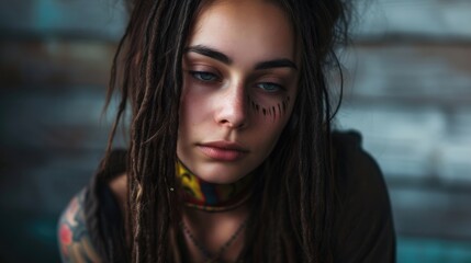Obraz premium A young woman with dreadlocks and henna tattoos representing the bohemian subculture.