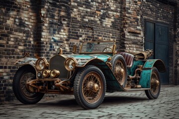 Steampunk style car, background with brick wall.