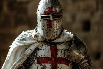 Templar knight with helmet and sword, medieval warrior, fiction and history concept. - obrazy, fototapety, plakaty
