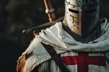 Templar knight with helmet and sword, medieval warrior, fiction and history concept. - obrazy, fototapety, plakaty