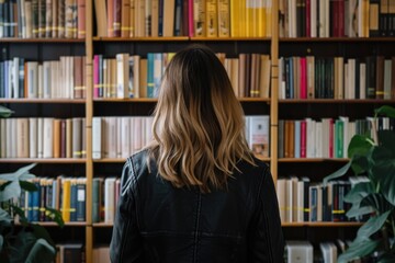 Woman from behind looking at a shelf of books in a library, concept of studies, knowledge and learning.