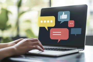 Chat bubble icon on laptop screen, technology, communication and online conversation concept.