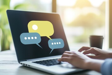 Chat bubble icon on laptop screen, bokeh background, communication concept, online conversation.