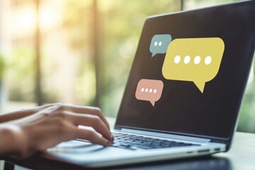 Chat bubble icon on laptop screen, bokeh background, communication concept, online conversation.