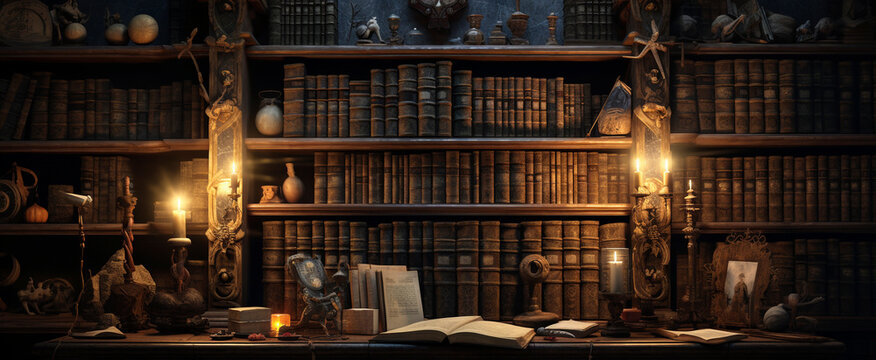 Ancient gothic library, dark and eerie library, magic medieval library full of old ancient books. Old wooden shelves holding many historical books and manuscripts.