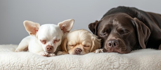 White chihuahua puppy sits by the large sleeping labrador retriever, looking at the camera in...