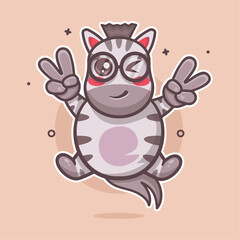 funny zebra animal character mascot with peace sign hand gesture isolated cartoon 