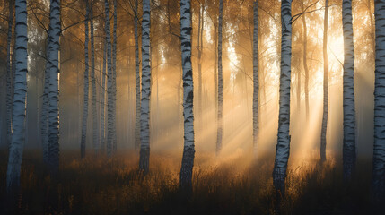 Birch grove in the mist illuminated by the rays of the rising sun