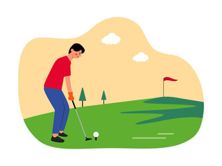 Men playing golf in golf course. Games vector illustrations.