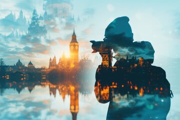 Double exposure. In the background is a famous attractions around the world. Generative AI.
