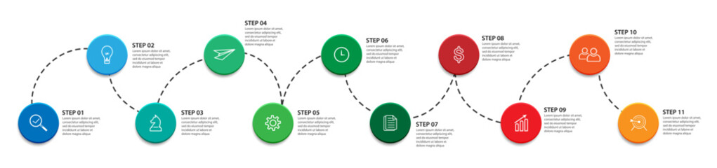 infographic vector design 11 parts or steps, simple with dotted lines that connect each other, for business flow diagrams, presentations, advertising, banners