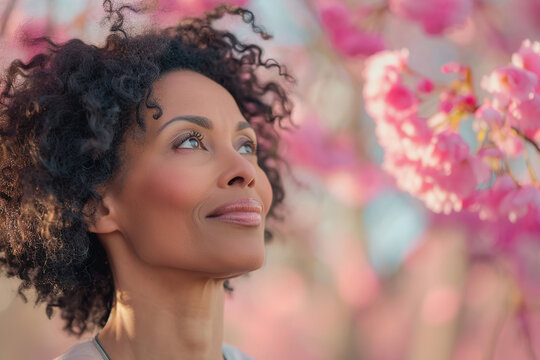 Middle aged black woman enjoying spring outdoor. Spring portrait