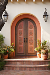 Mediterranean villa with ornate wooden door and potted plants