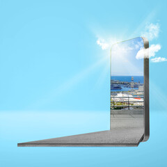 Street with harbor and ocean view with blue sky on the mobile phone screen
