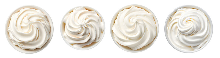Set white whipped cream in a bowl, isolated on a Transparent Background,Top view