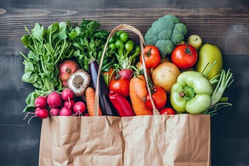 Variety of fresh vegetables and fruits in paper bag, grey background.