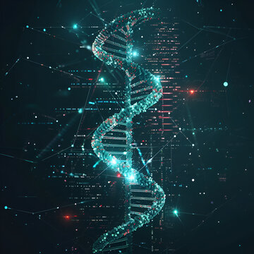 glittering DNA strands with dust and data, inheritance material ,blue light with Network Abstraction, Interconnected Digital Particles,  an animal&rsquo;s genetic makeup,trait&rsquo;s mode of inheritance by allel