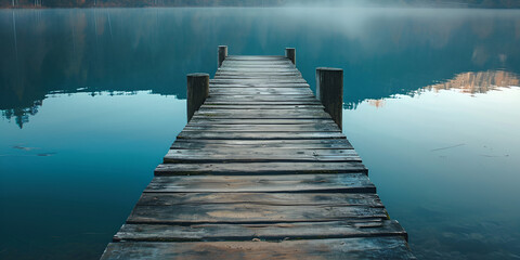 Obraz premium self-respect, walk alone with dignity, wooden pier on lake reflecting clouds, lake view , courageous