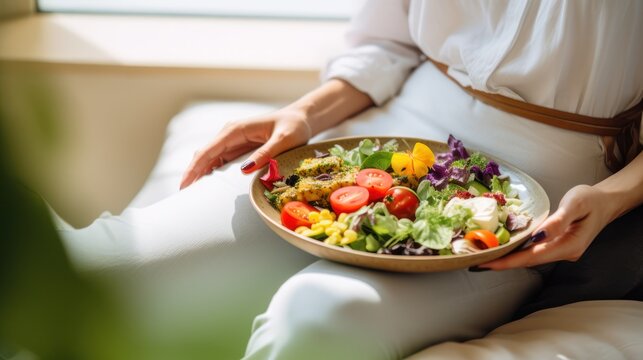 Healthy diet vegan food vegetables on plate in a woman's hand