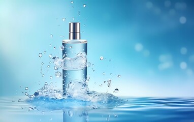 3d illustration Cream bottle mock up water splash on blue bokeh background. generative ai