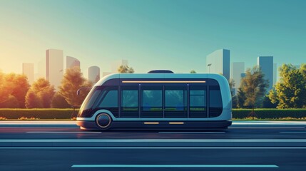 Autonomous electric shuttle on a city street, symbolizing the future of sustainable urban transportation.