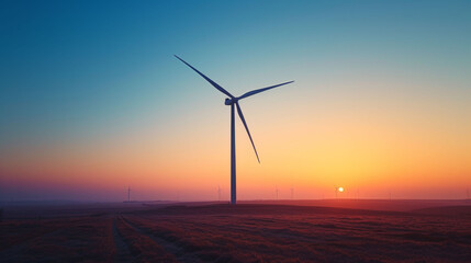 Obraz premium Wind turbine at sunrise in a peaceful field, representing the dawn of renewable energy.